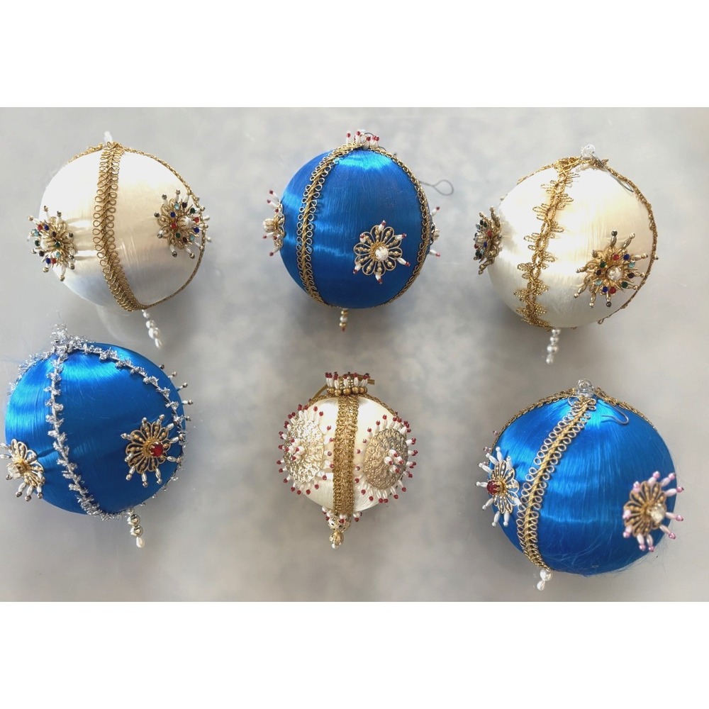 6 Vintage Large Pushpin Jewel Embellished Beaded Satin Ball Ornaments Blue White